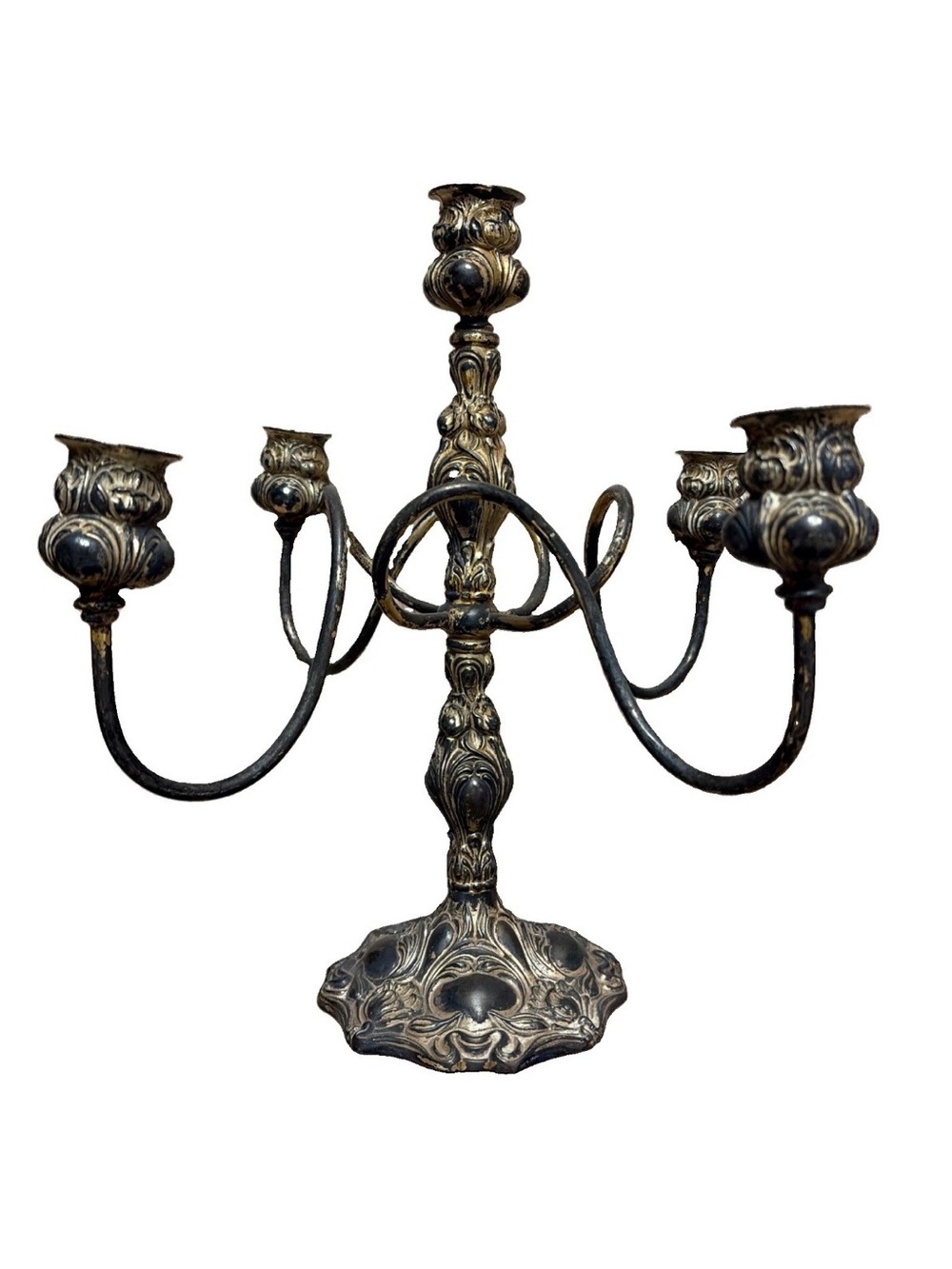 Vintage baroque silver plate candelabra Apollo 5 candle holder wavy arms embosse